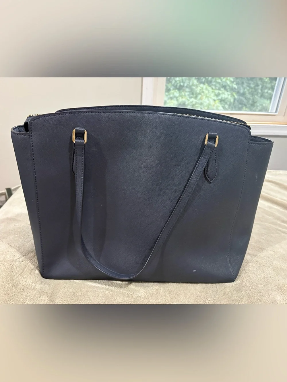 Tory Burch Navy Saffiano Tote with Gold Logo